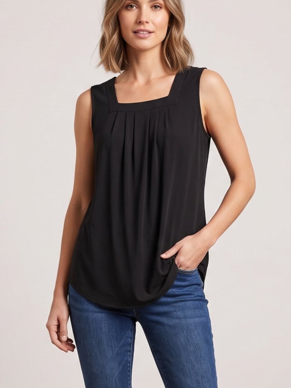 NWOT | Black Pleated Sleeveless Square Neck Lightweight Basic Tank Top | Medium
